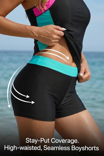 Women's X-Large Tankini Swimsuit with Tummy Control and Boyshorts - Black & Pink
