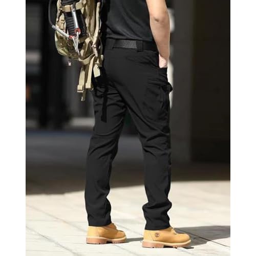 Men's Cargo Tactical Pants Work Hiking Trousers Waterproof Lightweight Elastic Waist for Travel with Pockets(No Belt)