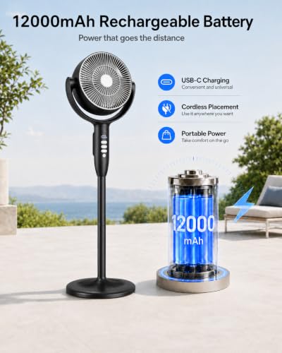 Cordless Rechargeable Pedestal Fan with Remote Control - Black, 12000mAh Battery