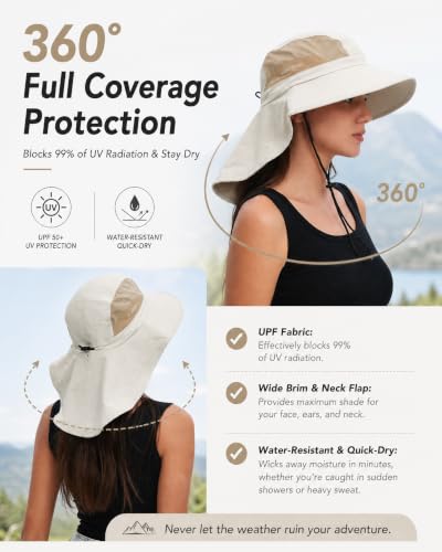 Sun Hat UPF50+ Wide Brim Bucket Hat Outdoor for Hiking Garden - One Size Beige