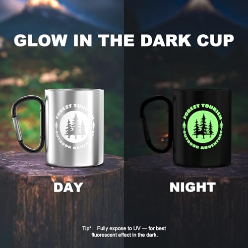 Glow-in-The-Dark Stainless Steel Camping Mug with Carabiner Handle | Double-Wall Vacuum Insulated, Compact & Lightweight 9.5oz Cup for Hiking, Backpacking