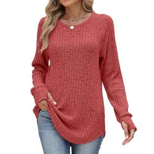 JomeDesign Womens Sweaters Long Sleeve Shirts Crewneck Sweatshirts Loose Casual Tunic Tops with Thumb Holes
