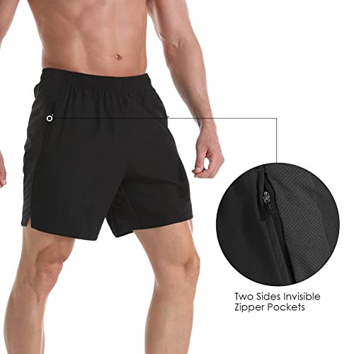 Men's 7 Inch Lightweight Quick Dry Athletic Running Shorts with Zipper Pockets - Medium Black