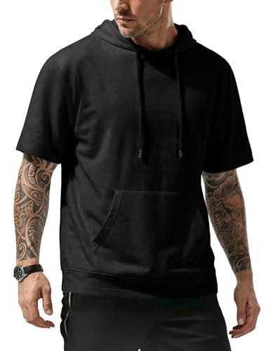 Men's Short Sleeve Hoodie T-Shirt with Pocket - Lightweight, XX-Large, Black