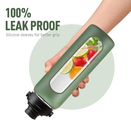 Dark Olive 24oz Glass Water Bottle with Dual Lids, Straw & Handle