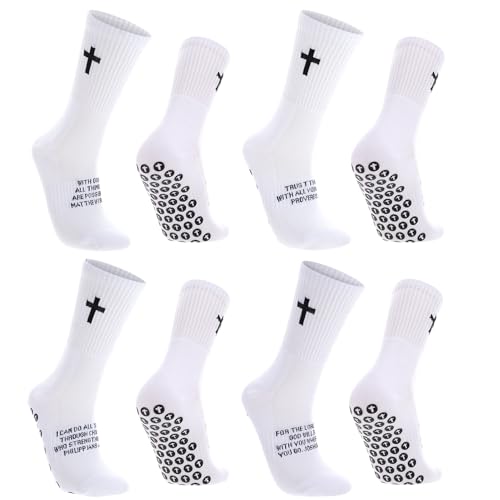 Cross Grip Soccer Socks with Bible Verse - White, One Size, 4 Pairs