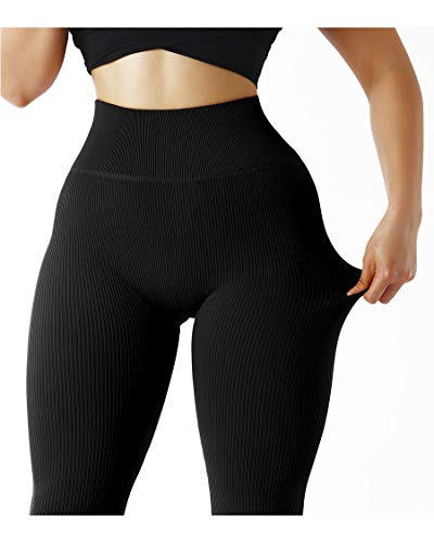 Women Ribbed Seamless High Waisted Workout Leggings - Medium, Black