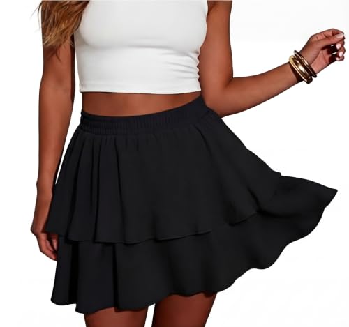 Black Lepunuo Boho Mini Skirt for Women Flowy Ruffle Tiered Skorts with Pockets - X-Large