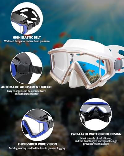 Anti-Fog Diving Mask with 180° Wide View for Adults - White-Blue Lenses