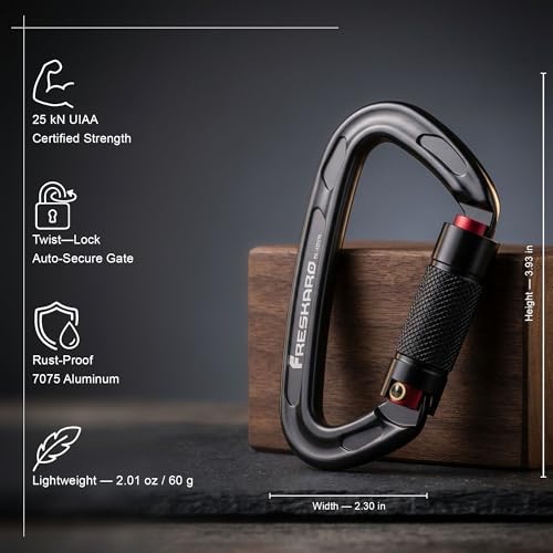 Black 4-Pack Climbing Carabiners 25kN Twist Auto Lock Aluminium Lightweight
