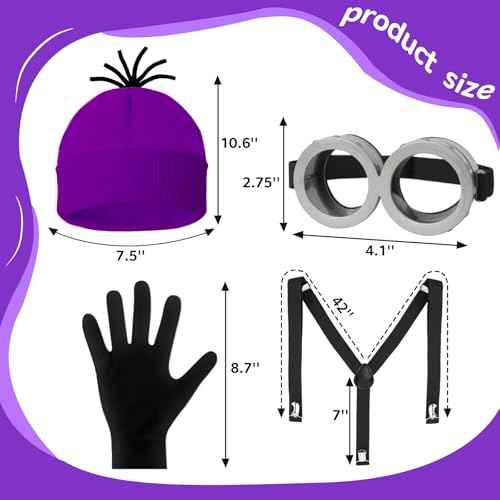 4 Pcs Halloween Costume Accessories Adult, Yellow/Purple Beanie Goggles Gloves Suspenders Halloween Costume Accessories Set