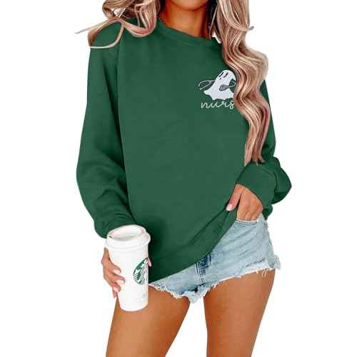 Halloween Nurse Ghost Sweatshirt Women Embroidered Nurse Sweatshirts Spooky Nurse Pullover Boo Crewneck Tee Top