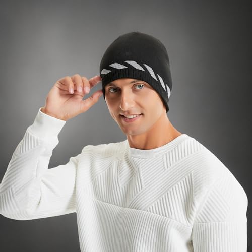 HiRui Winter Beanie Hats for Men Women Knit Fleece Skull Caps Reflective Stripes (Black (Pack of 1))