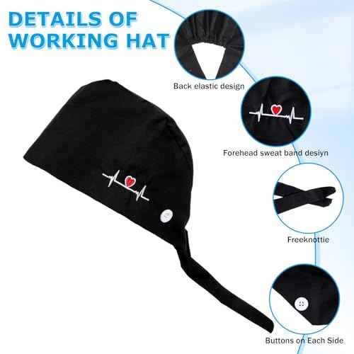 Scrub Caps Women, Adjustable Working Caps with Button & Sweatband, Nurse Caps for Women, Bouffant Cap with Buttons for Women Men, 1Pcs Black