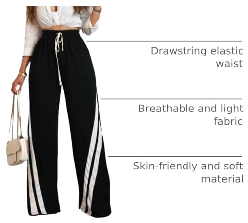 Women's Wide Leg Striped Drawstring Track Pants - Large Black Sweatpants