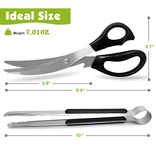 Kitchen Scissors and Tongs Set - Stainless Steel Meat and Vegetables Cutting, Non-slip Serrated Blade, 1 Shear + 2 Tongs