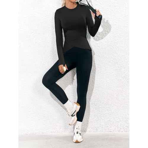 Fisoew Womens Long Sleeve Workout Tops Athletic Compression Shirts Crew Neck Cross Hem Running Yoga Active Shirts