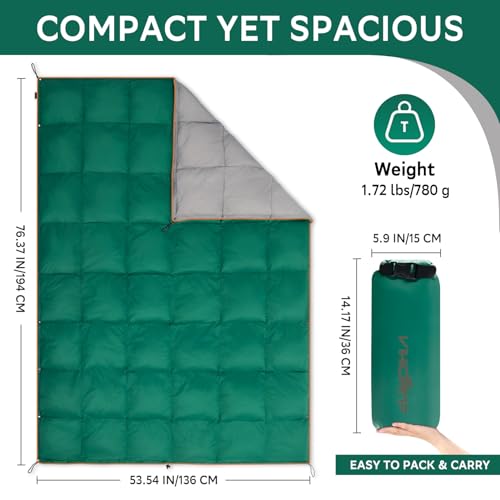 Down Camping Blanket - Lightweight Packable Outdoor Warm Blanket - Green/Brown