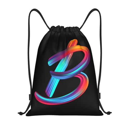 Black Drawstring Backpack with Rainbow Initial - M 19.6x16.5 Inch Sports Gym Travel Sackpack