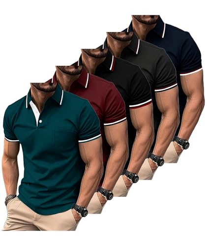 Men's Short Sleeve Polo Shirts Pack - Athletic Golf Polos with Pocket, Large Black Blue Red Gray Navy
