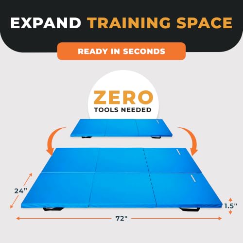 Blue 6ft x 2ft 3-Panel Folding Gymnastics Mat - 1.5 Inch Thick Exercise Pad