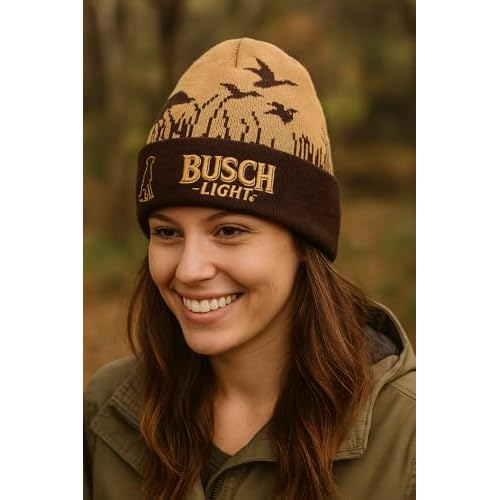 Calhoun Busch Light Hunting Beanie ? Warm Knit Winter Hat with Dog & Duck Design for Outdoor Enthusiasts Brown