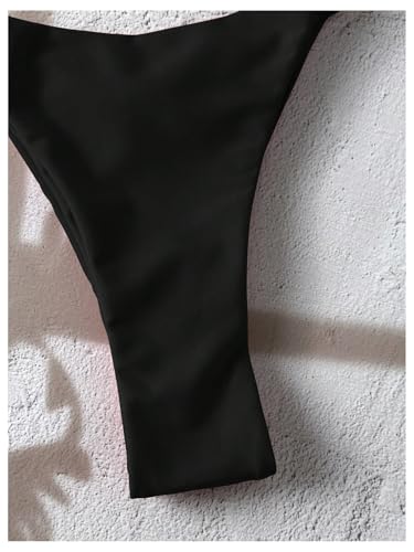 Women's High Cut Thong Bikini Bottom Small Black Ruched Swimsuit Bottom