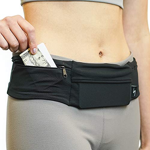 Adjustable Running Belt Waist Pack with 3 Pockets & Sweat Resistant Back - Large Black
