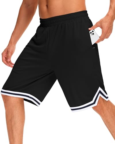 Men's 11-Inch Basketball Shorts with Zipper Pockets - Large, Black, Athletic Gym Wear