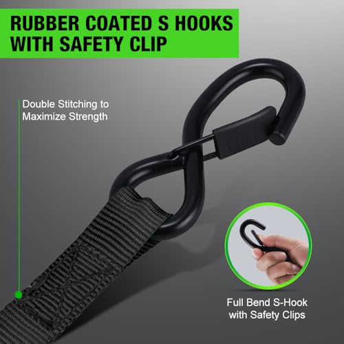 Retractable Ratchet Straps 1in x 10ft Black - 1650lb Break Strength, Auto-Rewind