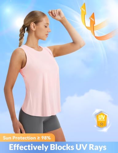 Pink Women's Workout Tank Top - Loose Fit Open Back Activewear UPF50+ Small