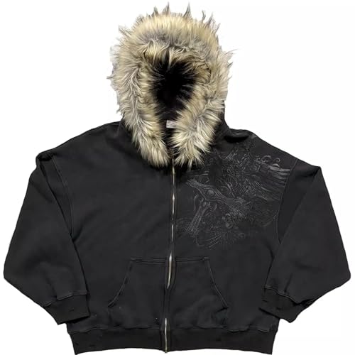 Crop Winter Coats Teen Streetwear Hoodie Fur Jackets Y2K Grunge Black Large