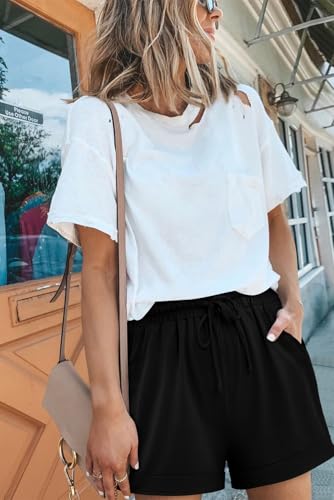 Women Casual Shorts with Pockets - Elastic Waist, Drawstring, Summer Pull-On Shorts - Black XL