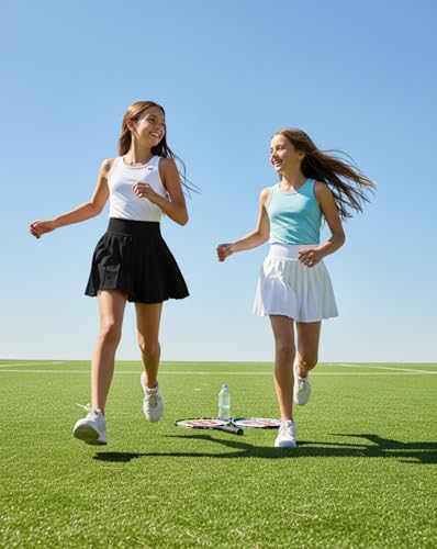 Girls Tennis Skirts with Pockets & Liner High Waisted Athletic Skort Black 7-8Y