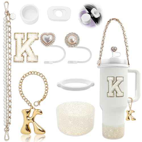 Stanley Cup Accessories Set for 30oz 40oz Tumbler, with Handle Strap, Anti-Spill Plug, Boot, Straw Cover, Cute Letter Charms, No-Residue Initial Sticker, Fits Pink Purple White Stanley Cups