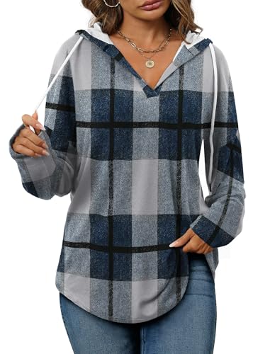 Plaid Blue Oversized Hoodie for Women - Long Sleeve Loose Fit Pullover