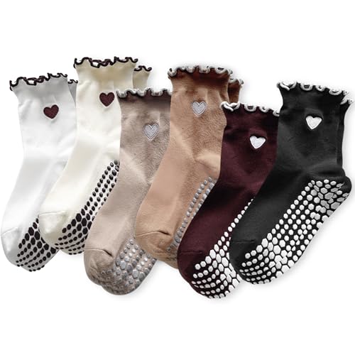 Cotton Pilates Grip Socks for Women - 4 or 6 Pairs Heart-Patterned Yoga Socks with Color Variations