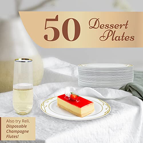 Disposable Plastic Dessert Plates 7.5 Inch White with Gold Rim - Pack of 50