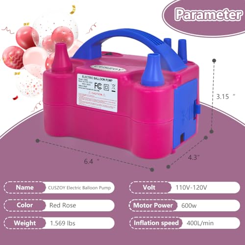 Electric Balloon Pump 600W - Rose Red, Fast Inflator with 10 Balloon Kits, Dual Nozzles & Modes, Portable for Party & Wedding Decor