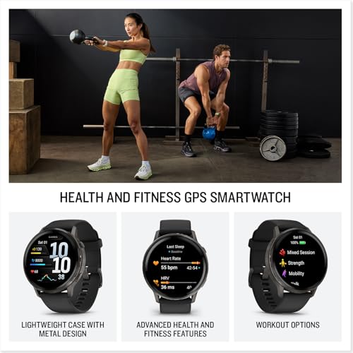 Garmin Venu¢ç 4, 45mm, Advanced Health and Fitness GPS Smartwatch, Bright and Colorful Display, Built-in Flashlight, 12 Days of Battery Life, Slate with Black Silicone Band
