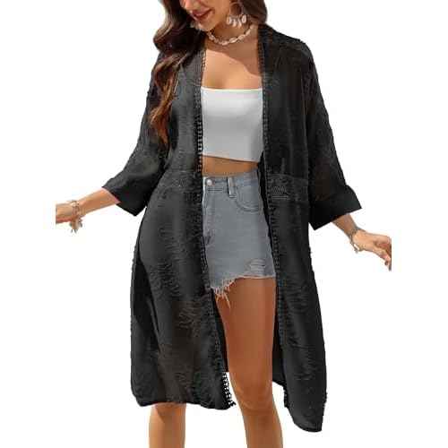 BB&KK Kimonos for Women Long Beach Cover Ups Summer Swimwear Sheer Boho Embroidery Open Front Floral Midi