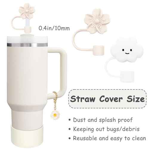 Stanley Cup Accessories Set,Including 2 Pcs 0.4in Straw Cover, 1 Silicone Spill-Proof Stopper Set of 3, 1 Cute Flower Handle Charm, 1 Silicone Boot Fits Stanley 40&30 Oz Tumbler (Cream)