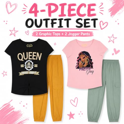 Girls Jogger Pants Set with Glitter & Foil Graphic Fleece Lounge Pants - 4 Pack