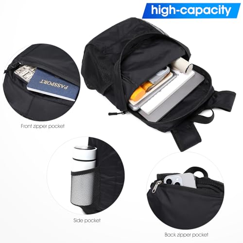Lightweight Hiking Backpack Small,Waterproof Hiking Daypack,Foldable Backpack for Travel,Ultralight Daypack(Nylon, Black)