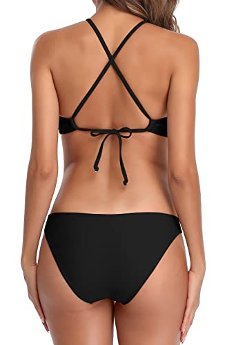 Women’s Halter High Neck Bikini Set - Cross Back Two Piece Swimsuit, Medium, Black