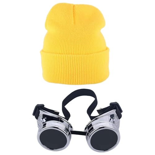 Halloween Costume Accessories Vintage Steampunk Goggles Glasses Yellow Beanie Striped Knit Scarf Set for Adult Cosplay Party