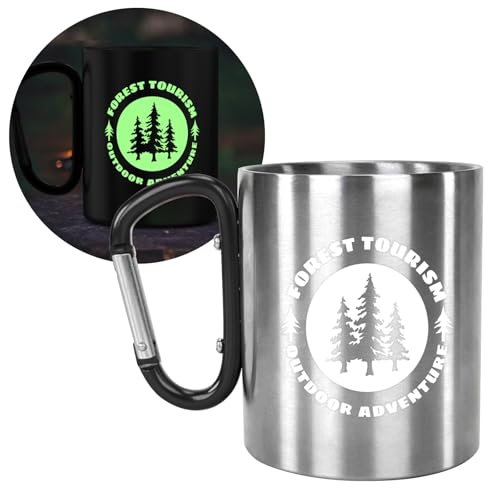 Glow-in-The-Dark Stainless Steel Camping Mug with Carabiner Handle | Double-Wall Vacuum Insulated, Compact & Lightweight 9.5oz Cup for Hiking, Backpacking