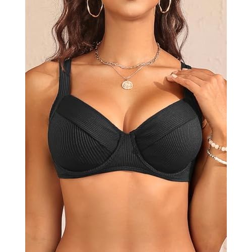 Women's Underwire Push Up Bikini Top - Ribbed Swim Bra 2025 Large Bust Bathing Suit Tops