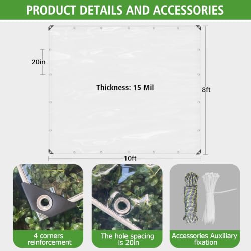 8x10 Heavy Duty Clear Tarp 15MIL Waterproof with Grommets - SHADEPLUS