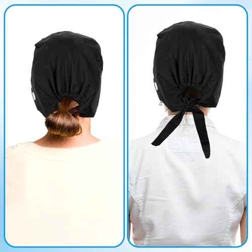 Scrub Caps Women, Adjustable Working Caps with Button & Sweatband, Nurse Caps for Women, Bouffant Cap with Buttons for Women Men, 1Pcs Black